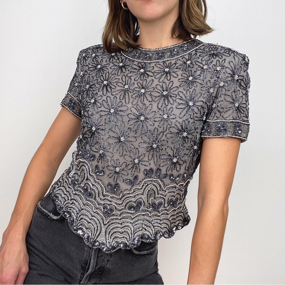90s Vintage Floral Beaded Top Blue Gray